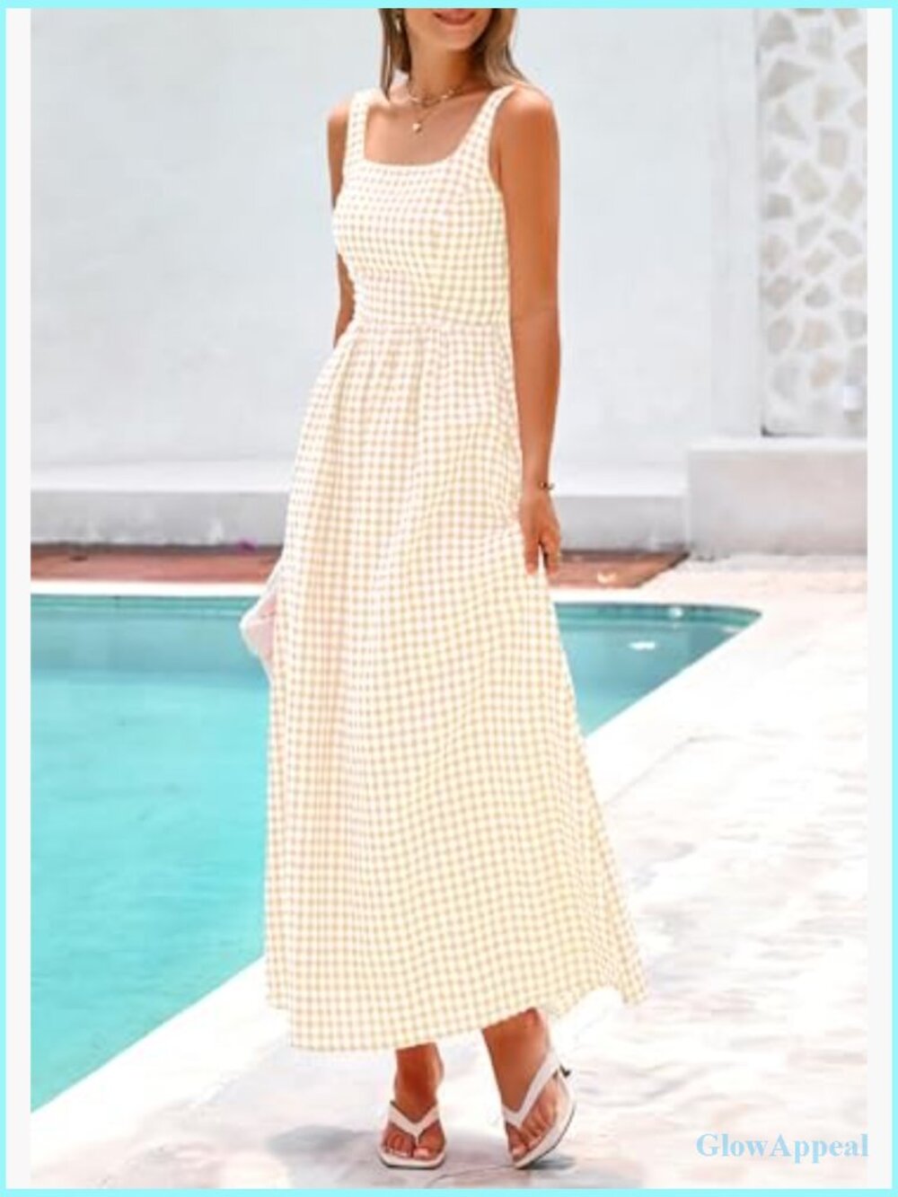 Spaghetti Strap Maxi Dress Plaid Square Neck A Line Casual Beach Vacation Long - Picture 4 of 7